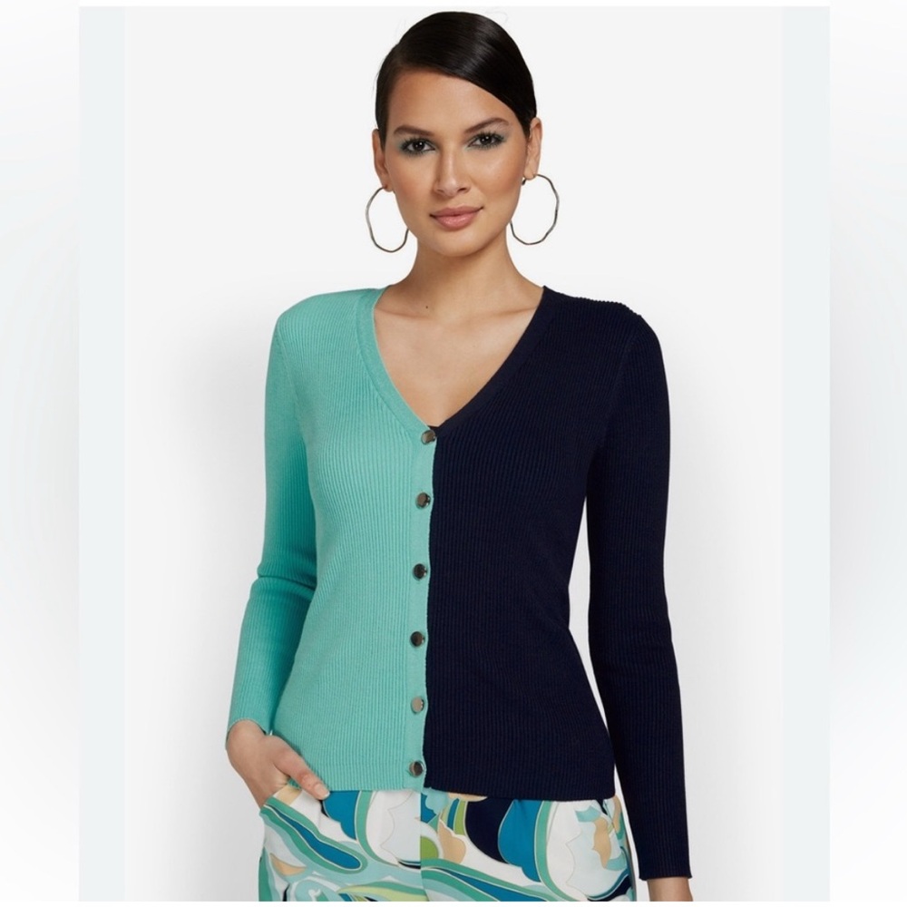 New York & Company Ribbed Two Tone V-Neck Cardigan Sweater Blue Navy Size XXL